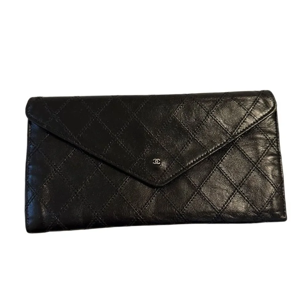 CHANEL Black Quilted Wallet with Envelope Design